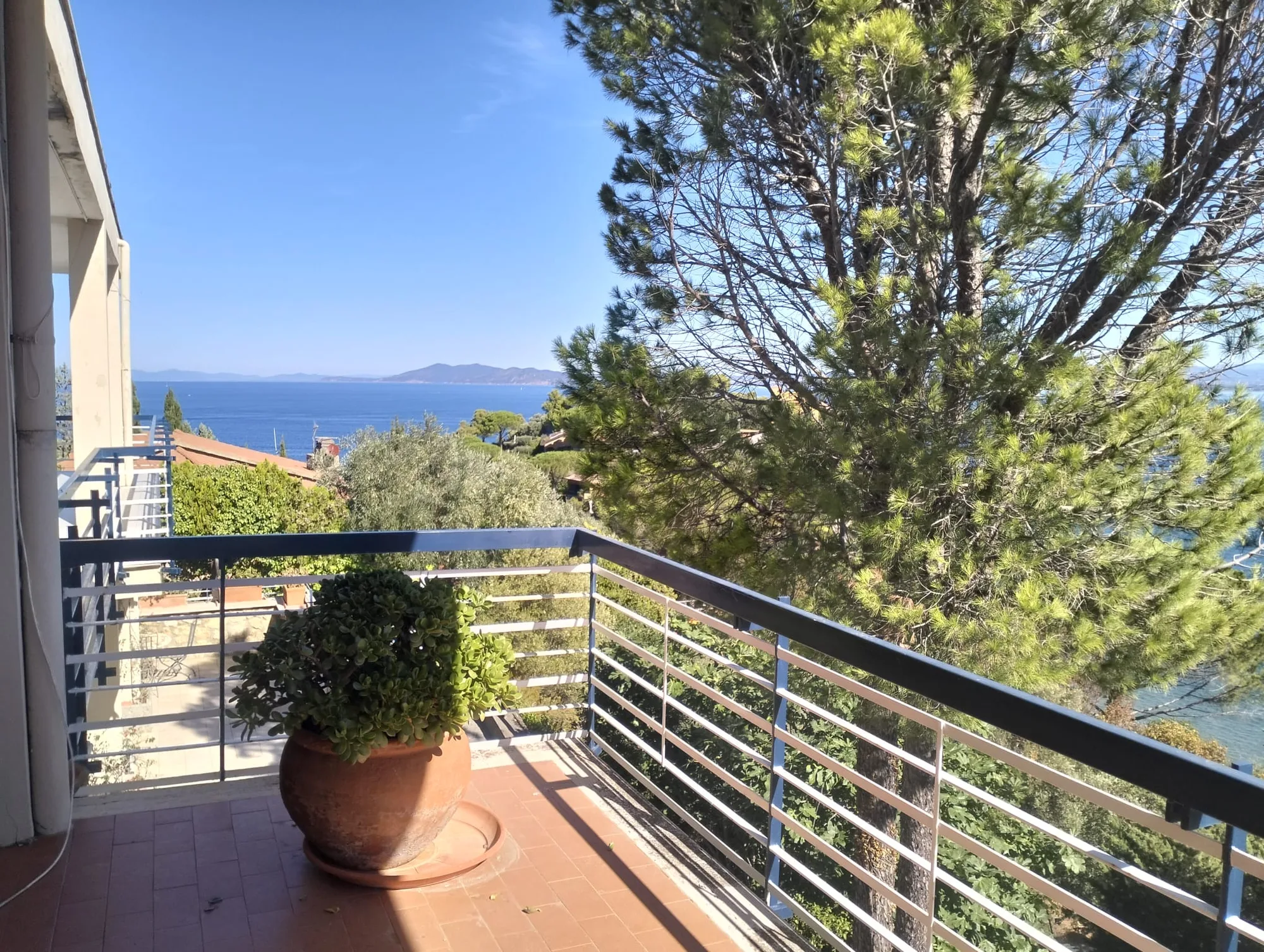 Terrazzo con vaso in terracotta e vista sul mare, in un'abitazione dove si è svolto un lavoro